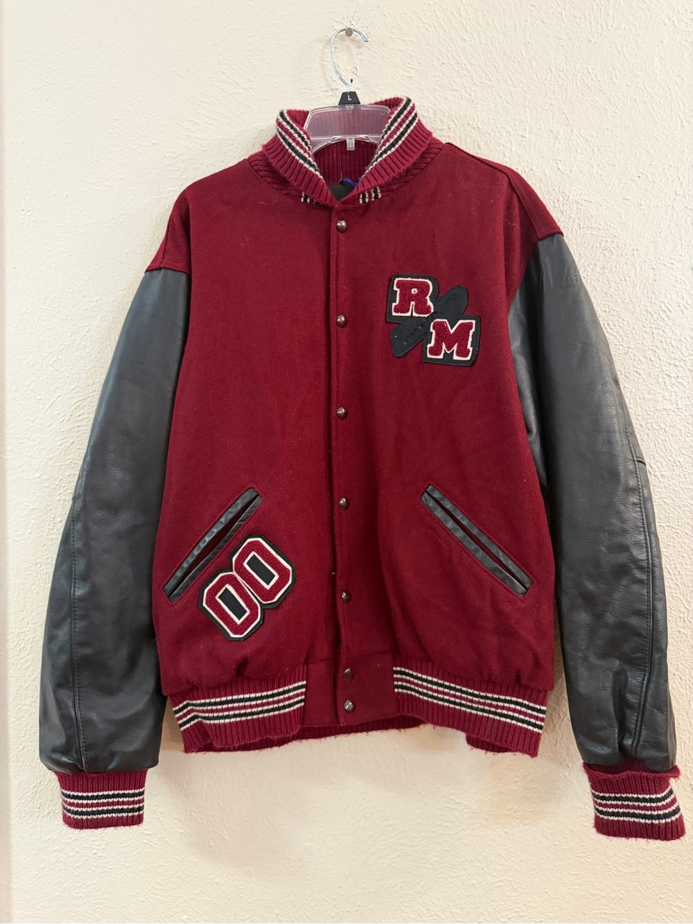 Custom vintage burgundy varsity wool/leather jacket